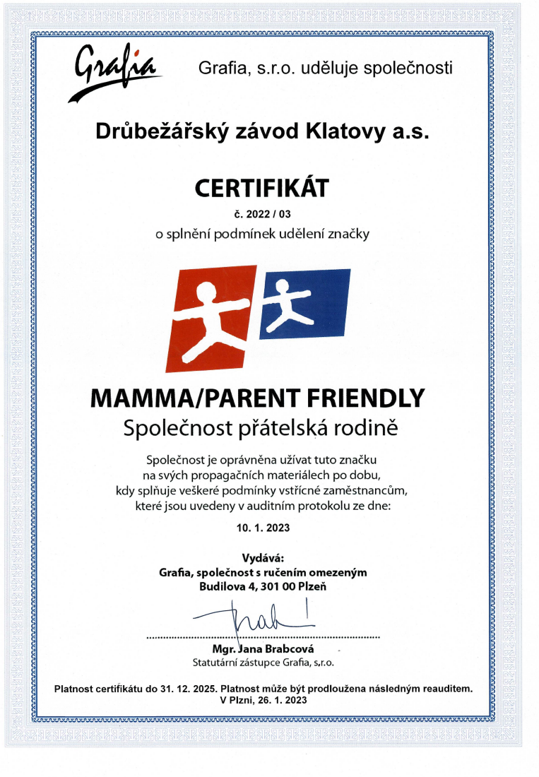 Máme certifikát Společnost přátelská k rodině